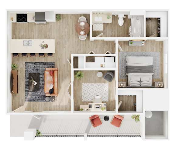 A top-down view of a well-organized apartment with a living area, kitchen, and bedroom.