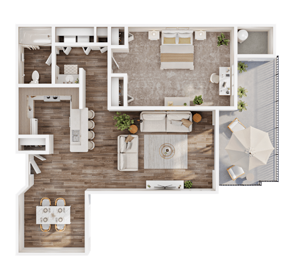 A top-down view of a modern apartment layout with a kitchen, living room, and dining area.