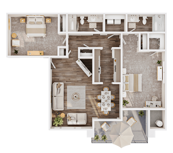 A top-down view of a house layout with a dining area, kitchen, and living room.