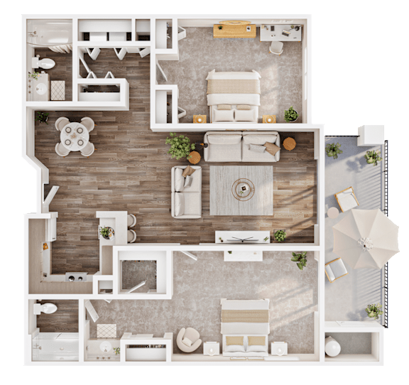 A top-down view of a modern, minimalist living space with a central open-plan layout.