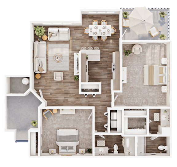 A top-down view of a house layout with a kitchen, living room, dining area, and bathrooms.