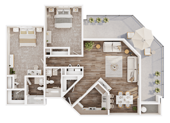 A top-down view of a house layout with multiple rooms and furniture.