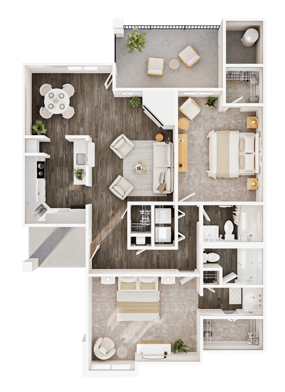 A top-down view of a house layout with a living room, kitchen, dining area, and bedrooms.