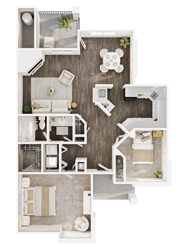 A top-down view of a house layout with a living room, kitchen, and two bedrooms.