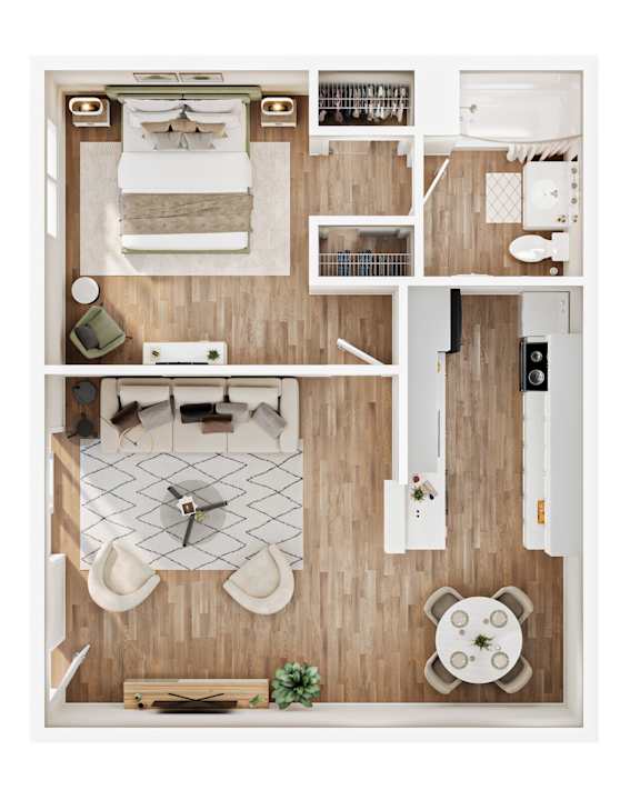 A top-down view of a well-organized room with a bed, a couch, a dining table, and a kitchen area.