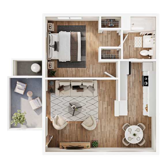 A top-down view of a modern, minimalist living space with a dining area and kitchen.