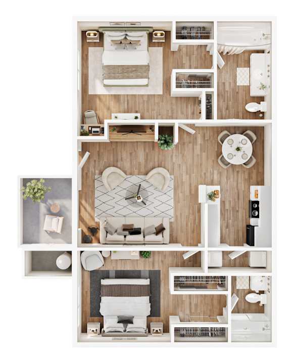 A top-down view of a room layout with a bed, couch, and kitchen area.