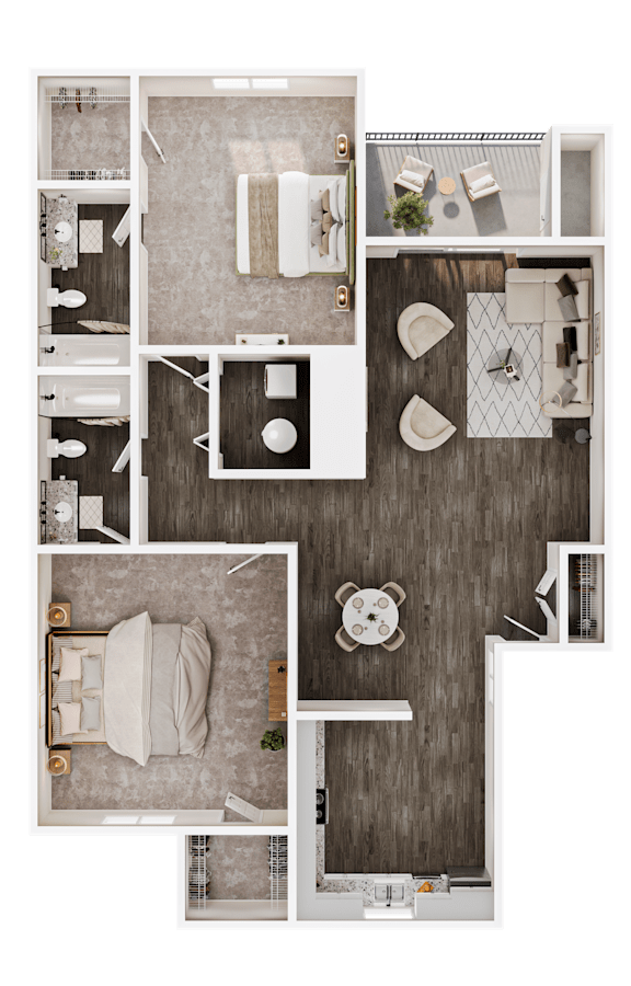 A top-down view of a modern apartment layout with a kitchen, living room, and bedroom.