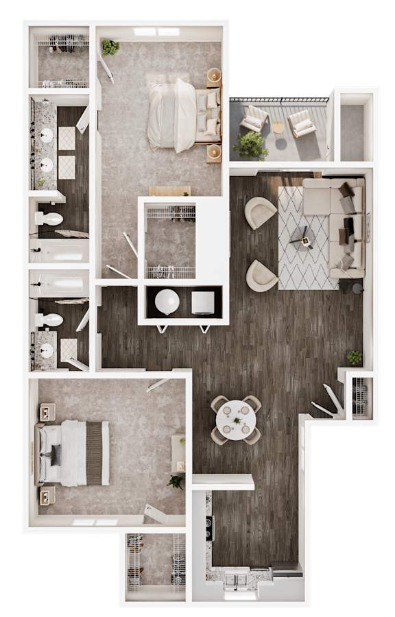 A top-down view of a house layout with a kitchen, living room, dining area, and bathrooms.