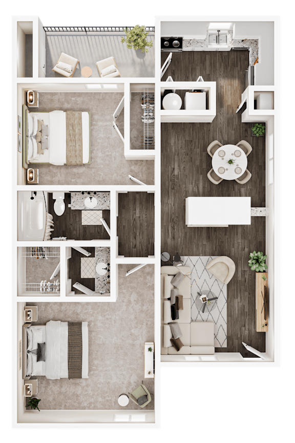 A floor plan of a small apartment with a kitchen, living room, and bathroom.