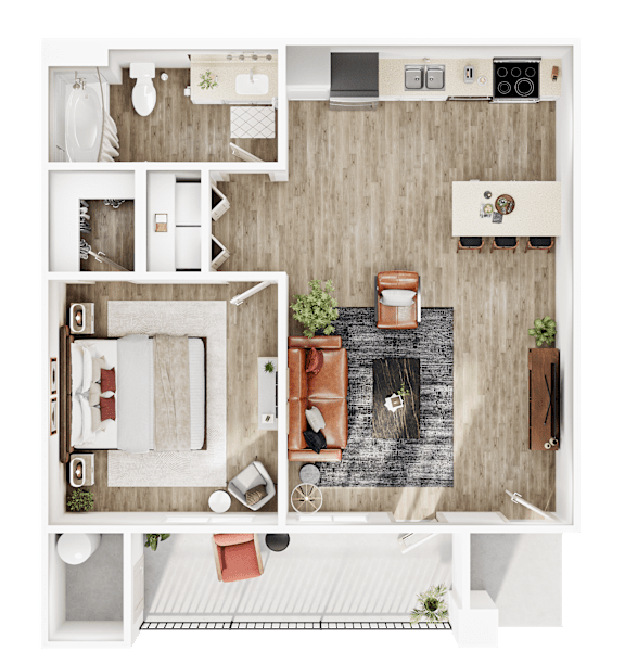 A top-down view of a modern apartment with a kitchen, living room, and bathroom.