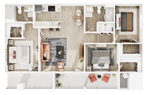 A top-down view of a small apartment layout with a kitchen, living room, and bedroom.