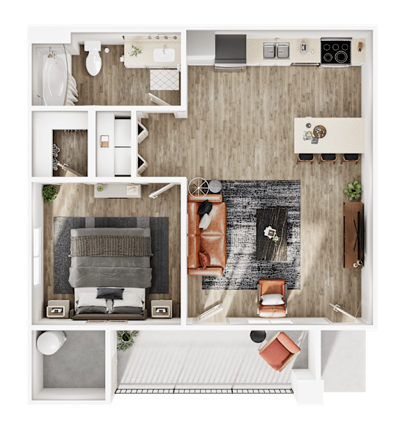 A top-down view of a modern apartment layout with a living area, kitchen, and bedrooms.
