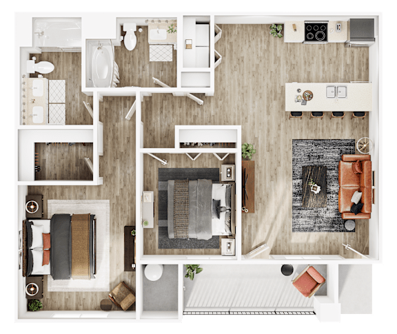 A top-down view of a well-organized apartment with a kitchen, living room, and bathroom.