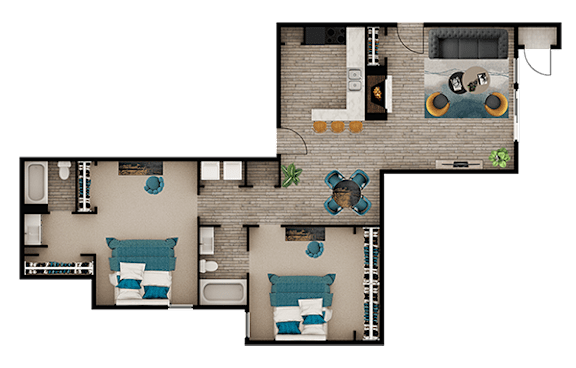 A top-down view of a house with two bedrooms, a living room, a kitchen, and a bathroom.
