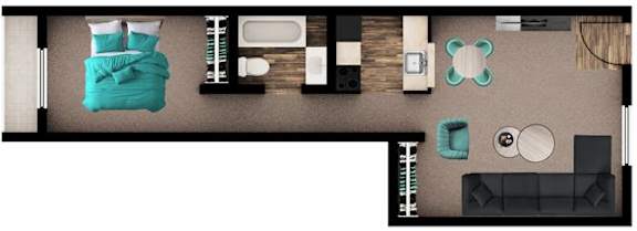 A top-down view of a room with a bed, couch, and various objects.