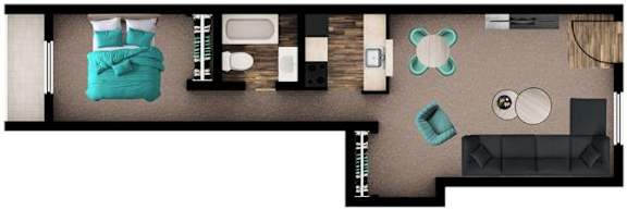 A top-down view of a room with a bed, a couch, a table, and a few other items.