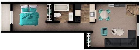 A top-down view of a room with a bed, couch, and various furniture items.