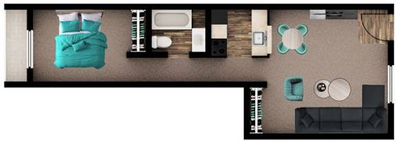 A top-down view of a living room with a couch, coffee table, and a bed with a blue blanket.