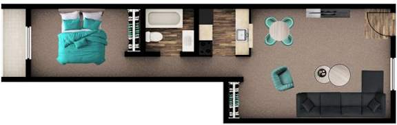 A top-down view of a room with a bed, couch, and coffee table.