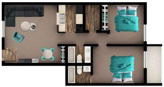 A top-down view of a room with a bed, a couch, a table, and a few other furniture pieces.