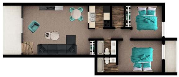 A top-down view of a room with a bed, a couch, a table, and a few other furniture pieces.