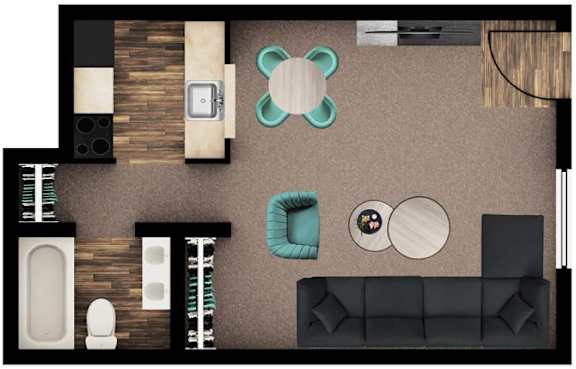 A top-down view of a living room with a couch, a coffee table, and a TV.