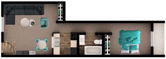 A top-down view of a room with a bed, a couch, a chair, a table, a mirror, and a rug.