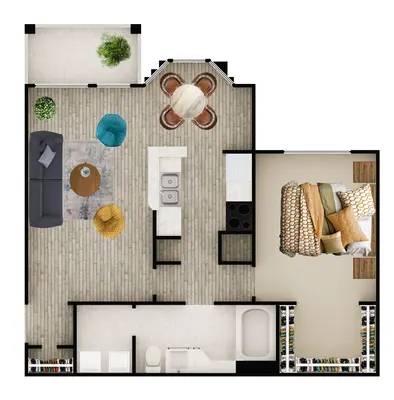 A floor plan of a house with a kitchen, living room, and bathroom.