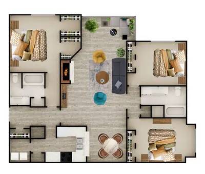 A floor plan of a house with a central open space and rooms surrounding it.