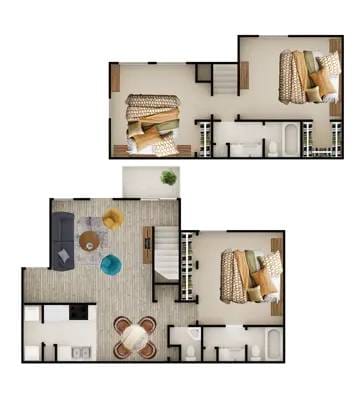 A floor plan of a house with two bedrooms, a living room, a kitchen, and a bathroom.