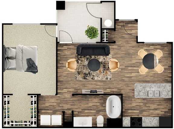 A top-down view of a modern bathroom with a large mirror, a round sink, and a wooden floor.