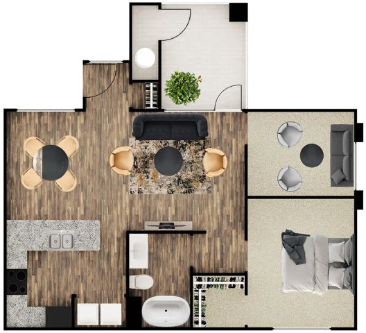A top-down view of a modern apartment layout with a living area, kitchen, and bedroom.