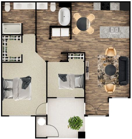 A top-down view of a modern apartment layout with two bedrooms, a living area, and a kitchen.