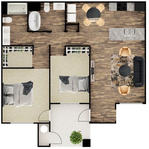 A top-down view of a modern apartment with two bedrooms, a living area, and a kitchen.