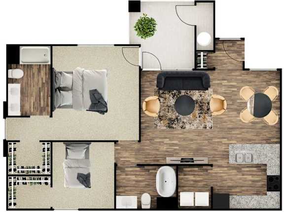 A top-down view of a modern apartment layout with a kitchen, living room, and bathroom.