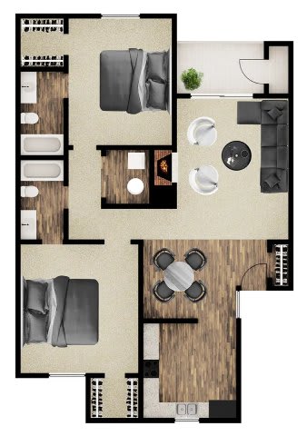 A floor plan of a house with two bedrooms, a living room, a kitchen, and a bathroom.