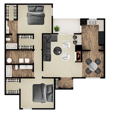 A floor plan of a house with a kitchen, living room, and two bedrooms.