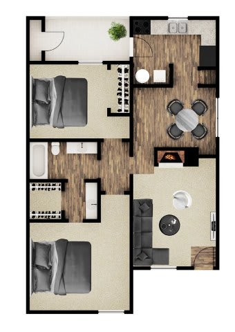 A floor plan of a two-story apartment with a living room, dining room, kitchen, and two bedrooms.