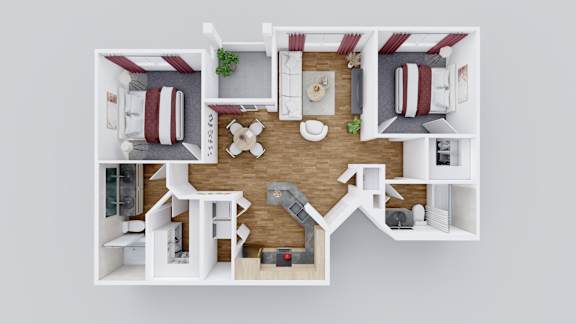 A top-down view of a small apartment with a kitchen, living room, and bathroom.