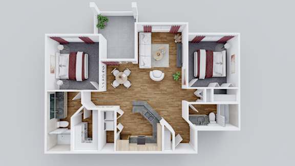 A 3D rendered image of a house layout with a kitchen, living room, and two bedrooms.