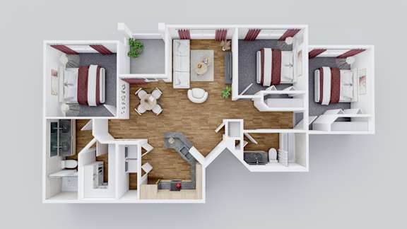A 3D rendered image of a house layout with a kitchen, living room, and bedrooms.