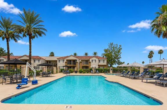 A large swimming pool surrounded by palm trees and lounge chairs.