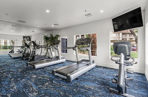 A gym with treadmills, exercise bikes, and a television.
