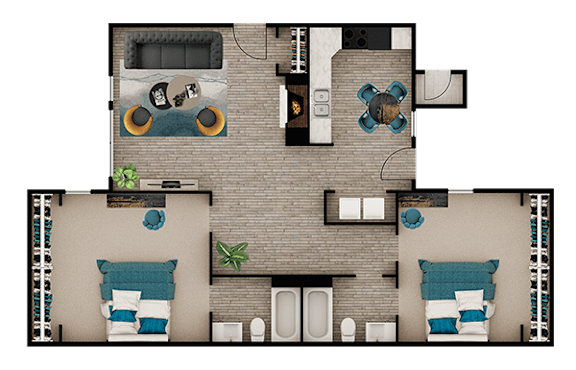 A top-down view of a house with a living room, two bedrooms, a kitchen, and a bathroom.