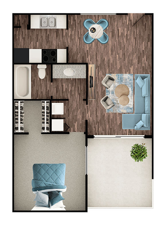 A top-down view of a room with a blue chair and a white table.