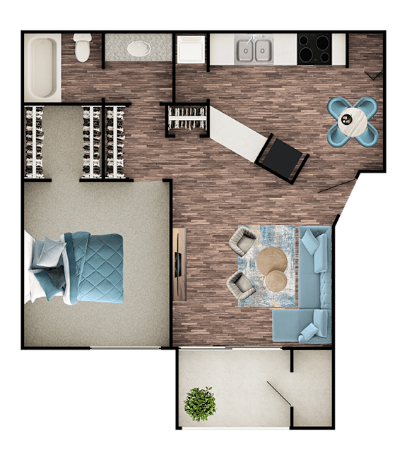 A top-down view of a room with a bed, a couch, a chair, a table, and a potted plant.