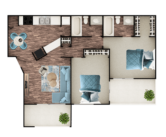 A top-down view of a room with a couch, chairs, and a table.