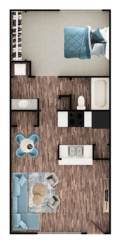 A floor plan of a house with a kitchen, living room, and bathroom.