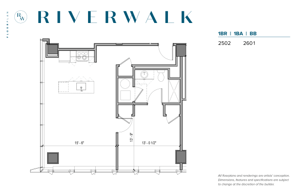 Floor Plan  Riverwalk One bed, one bath floorplan Unit BB